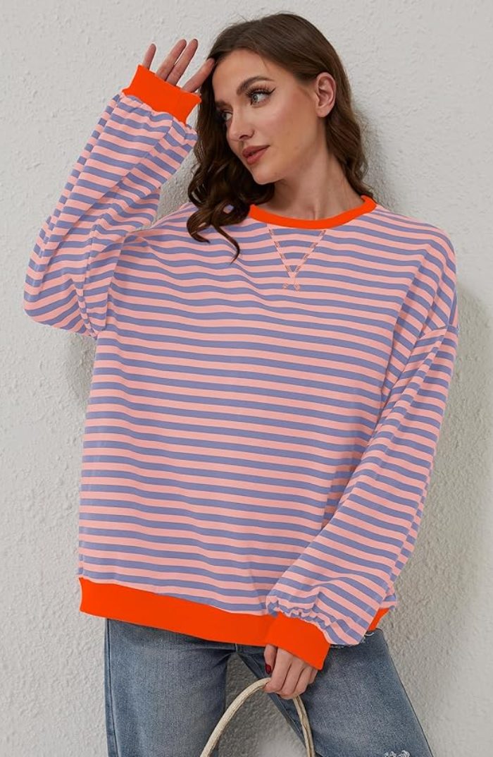 Women's Striped Oversized Crew Neck Sweater - Image 8