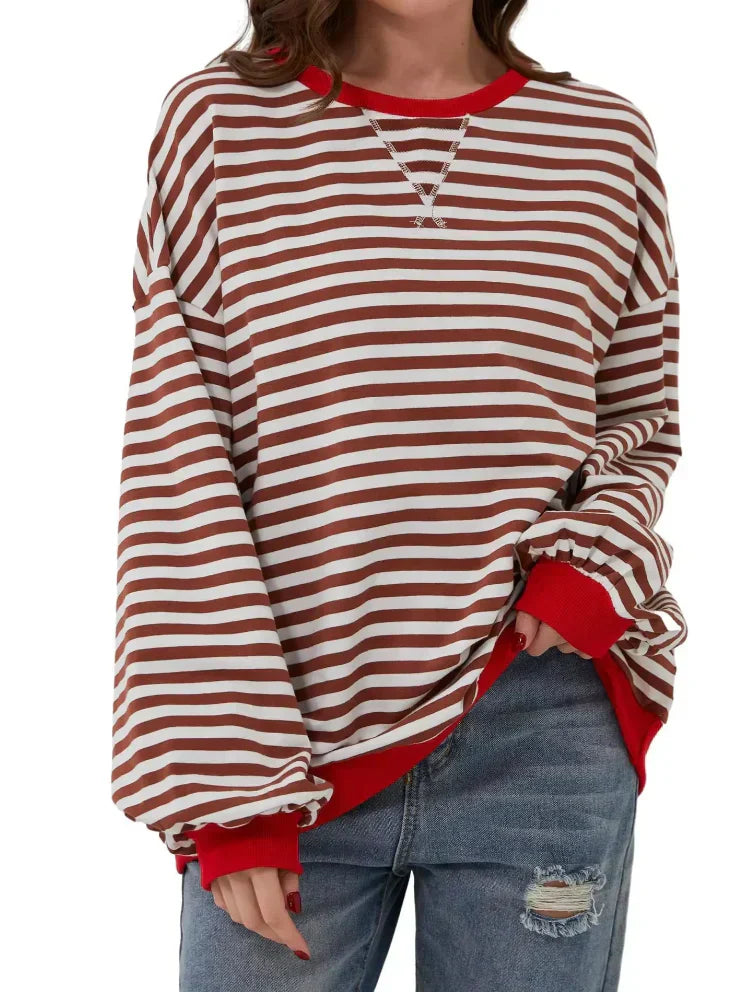 Women's Striped Oversized Crew Neck Sweater - Image 12