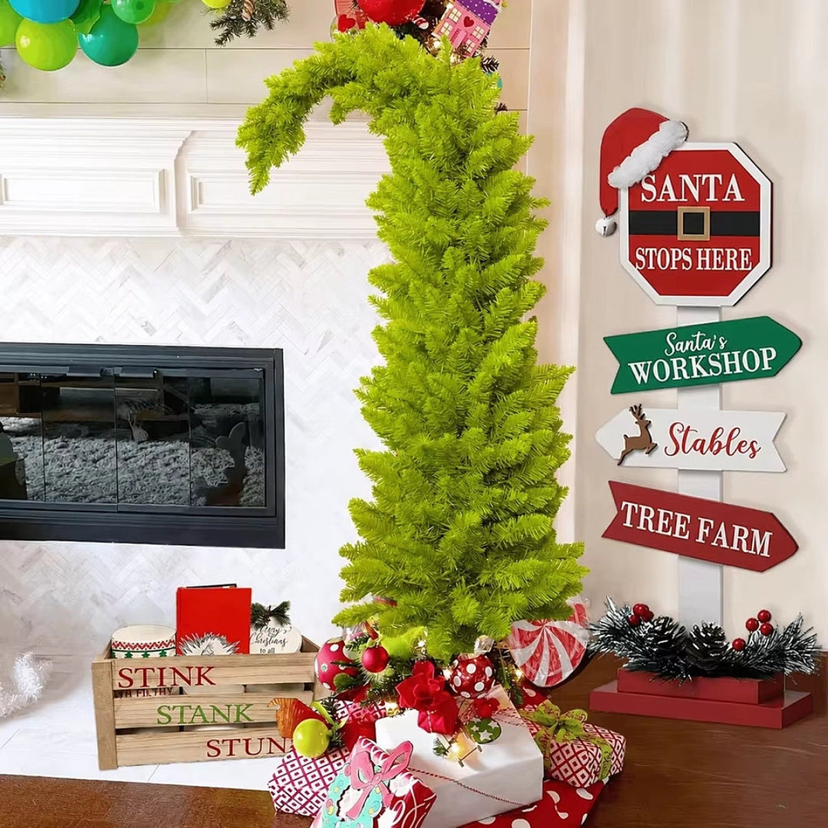 Curved Christmas Tree - Slim Whimsical Design with Full Branches and Metal Stand