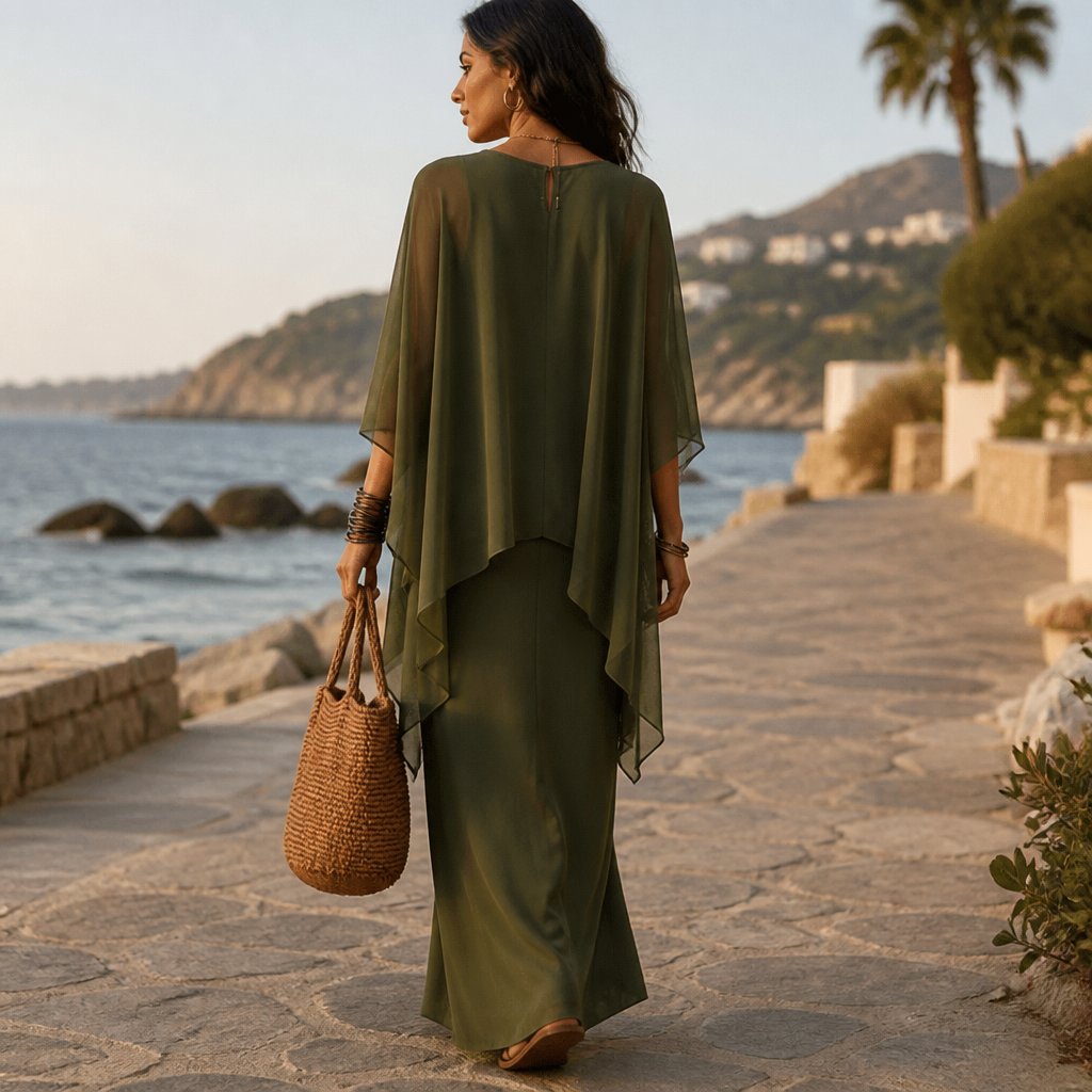 Draped Cape Sleeve Asymmetric Hem Maxi Dress