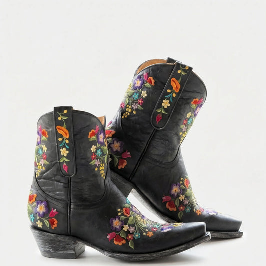 Floral Embroidered Western Ankle Boots