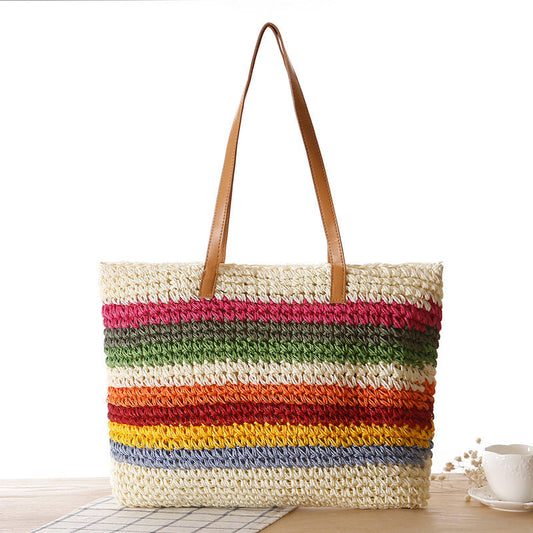 Handwoven Raffia Tote Bag with Colorful Stripes