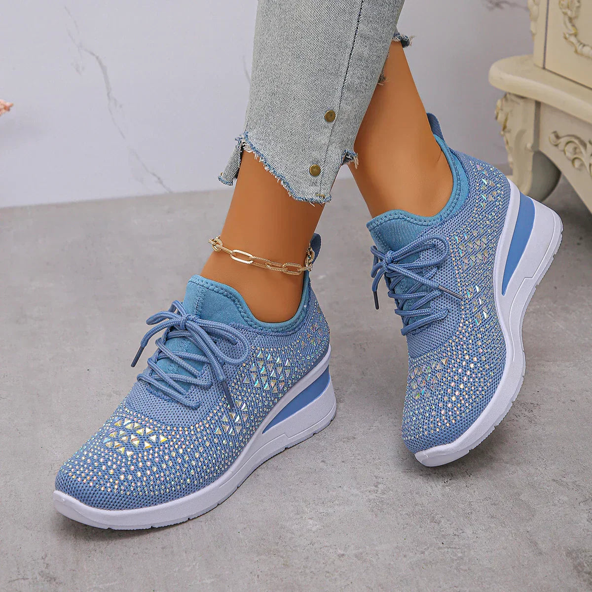 Happy™ Women Sneakers: Stylish Breathable Wedge Heel Women's Sneakers with Sparkling Rhinestones