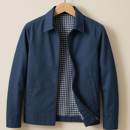 Men's Harrington Bomber Jacket with Shirt Collar and Checked Lining