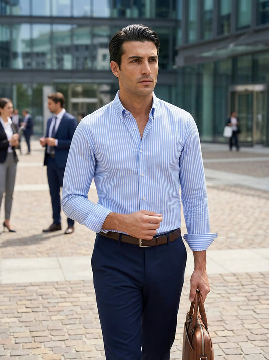 Image of Men's Button-Down Striped Long Sleeve Polo Shirt