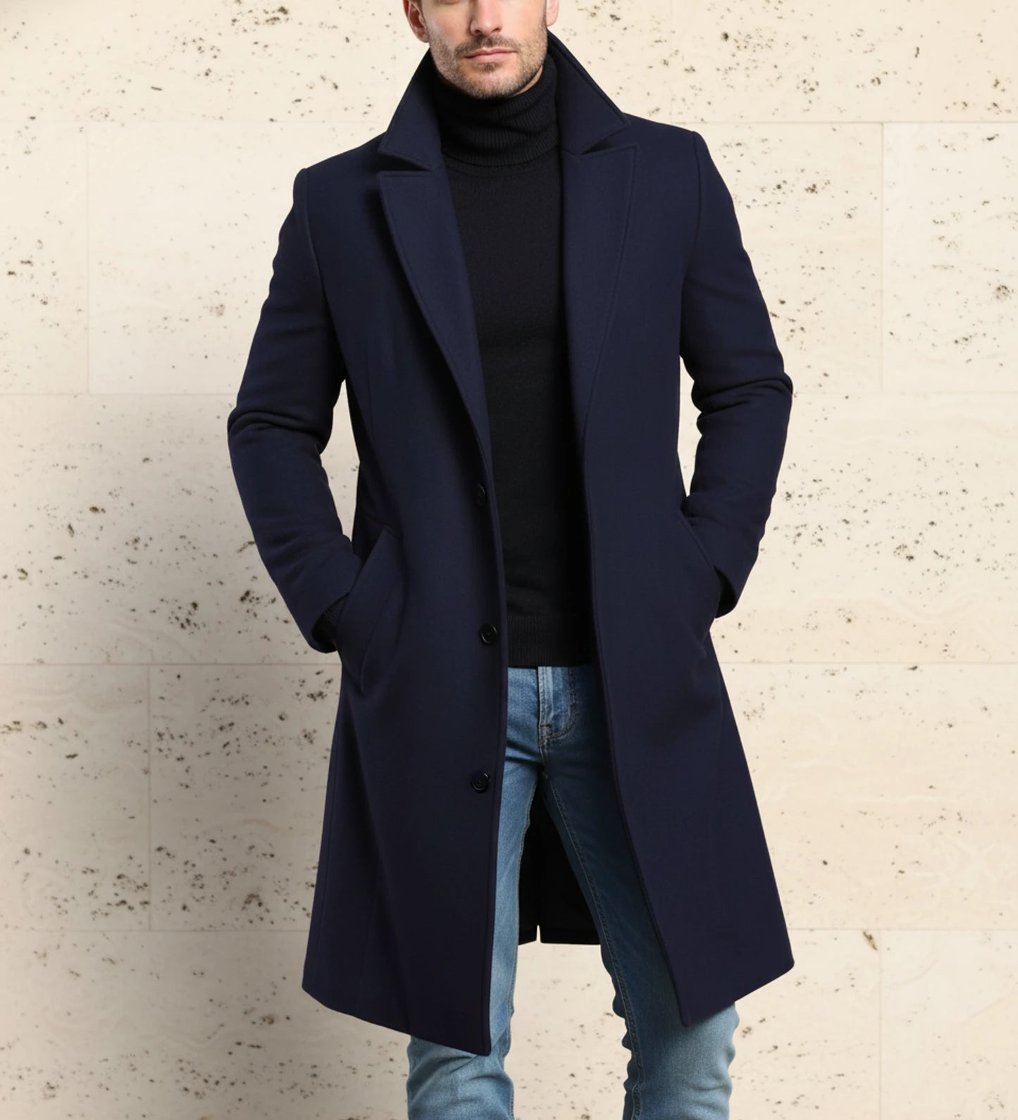 Men's Long Overcoat - Custom Generated (Change to light blue jeans and navy sweater. Remove belt.)