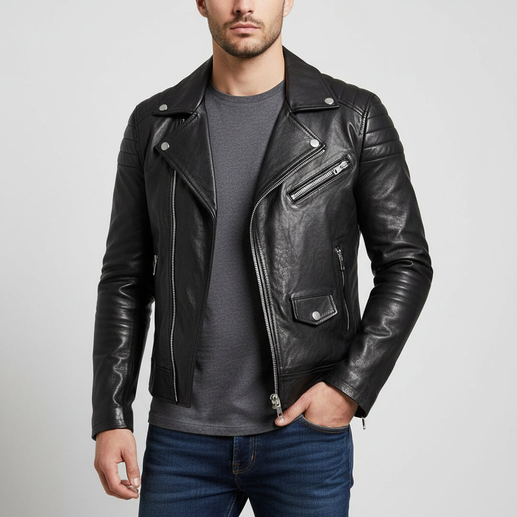 Men's Asymmetrical Leather Biker Jacket