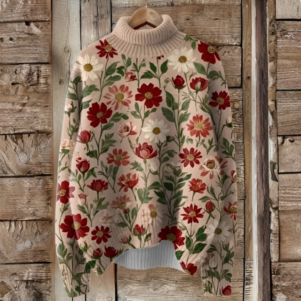 Vintage Christmas Turtleneck Sweater with Art Print – Festive Style for Colder Days