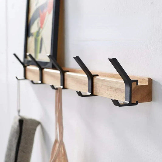Wall Coat Rack - Movable Hooks - Black - Wood and Aluminum
