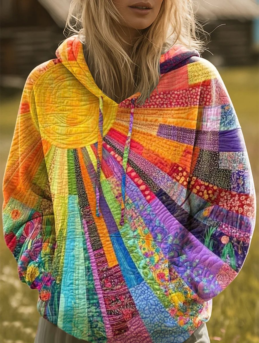 Women's Bohemian Patchwork Quilted Pullover Hoodie