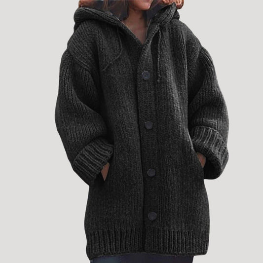 Women's Chunky-Knit Wool Blend Winter Coat Cardigan with Button Closure and Deep Pockets