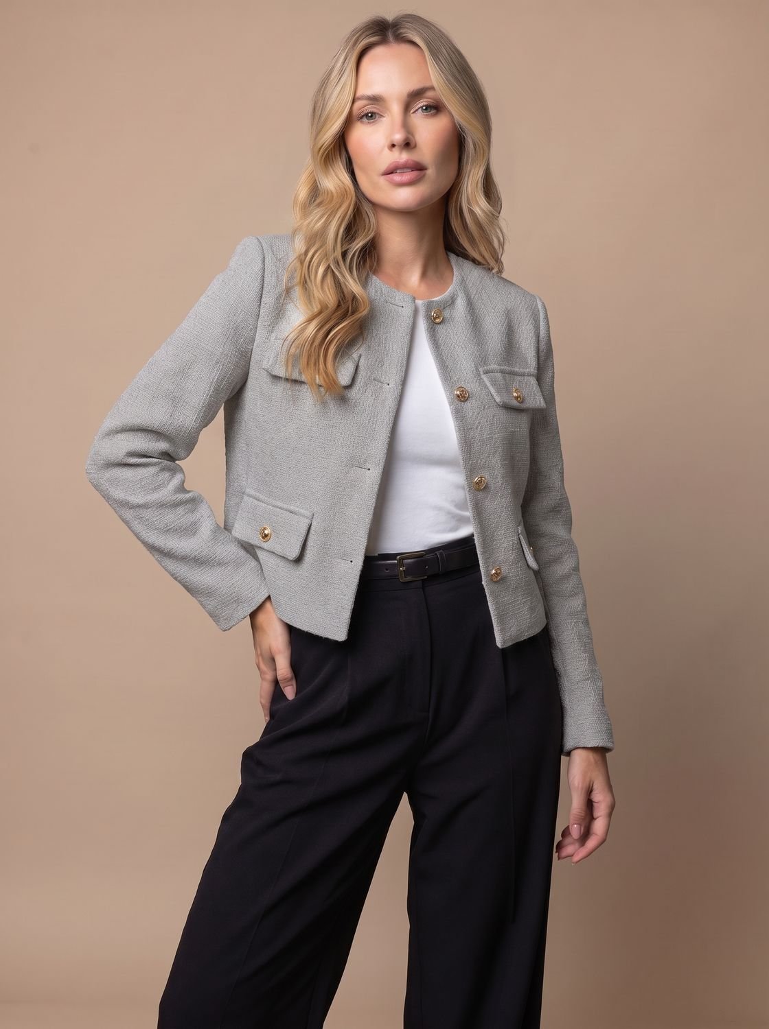 Women's Collarless Cropped Tweed Blazer with Gold Buttons and Flap Pockets
