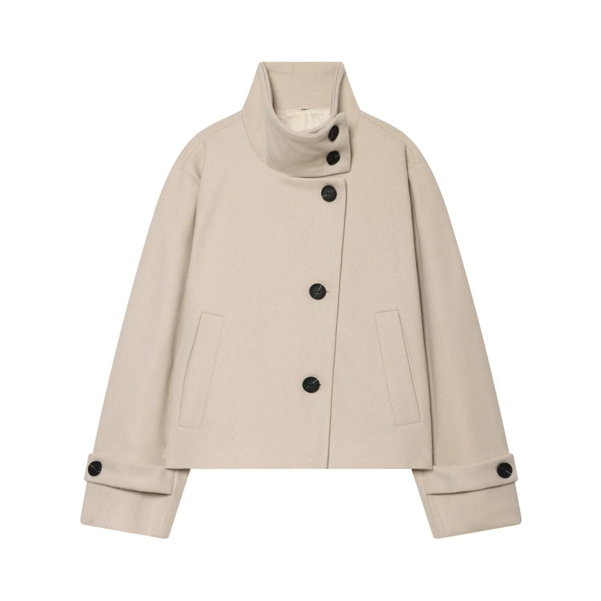 Women's Cropped Wool Coat with High Stand Collar, Button Cuffs and Pockets