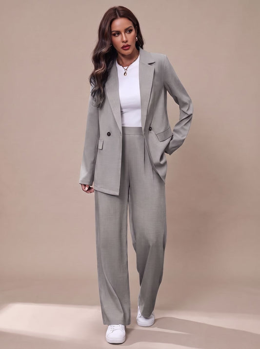 Women's Double-Breasted Tailored Wide-Leg Blazer and Pants Suit Set