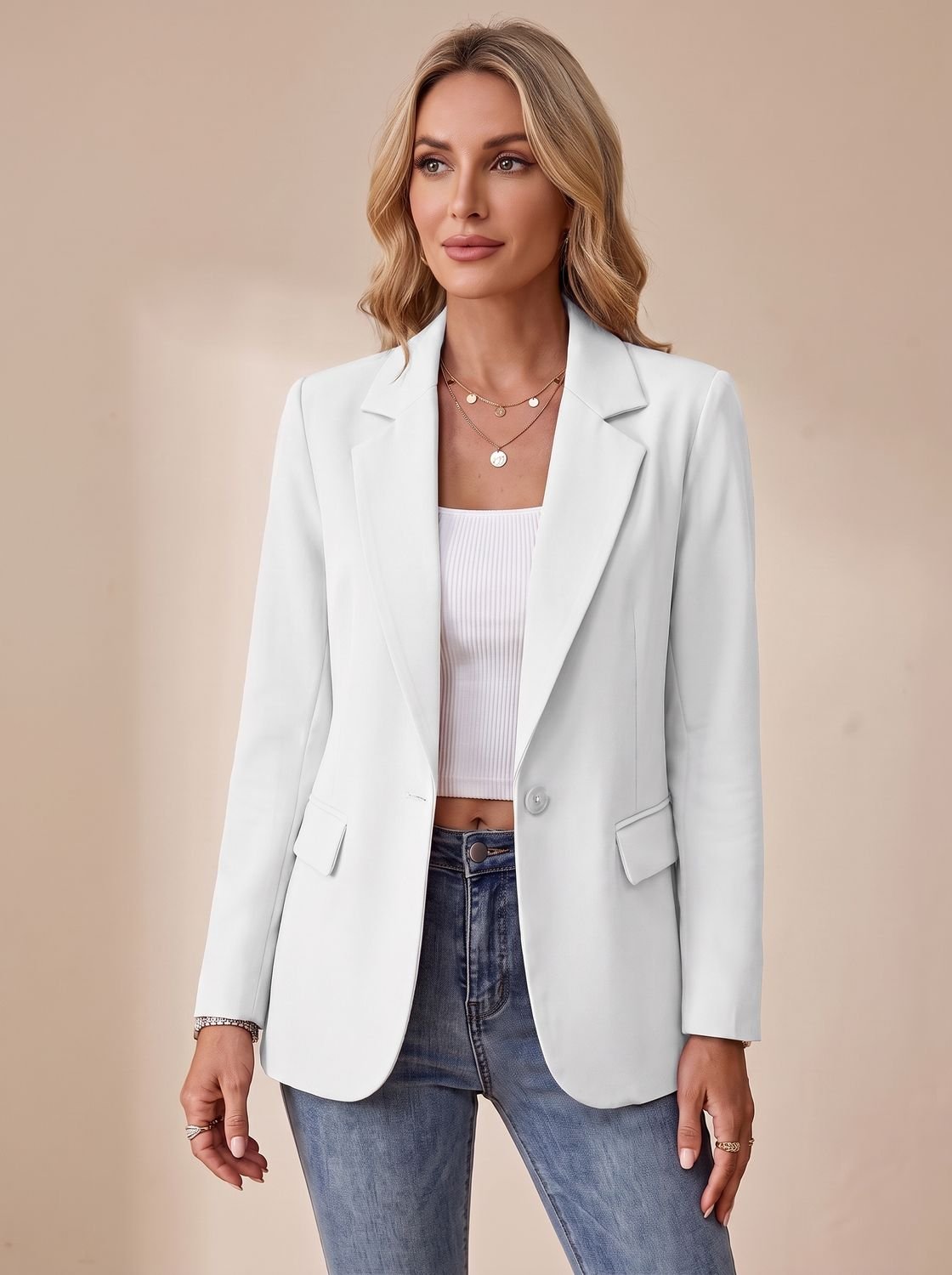 Women's Formal Structured Single-Button Office Blazer Jacket
