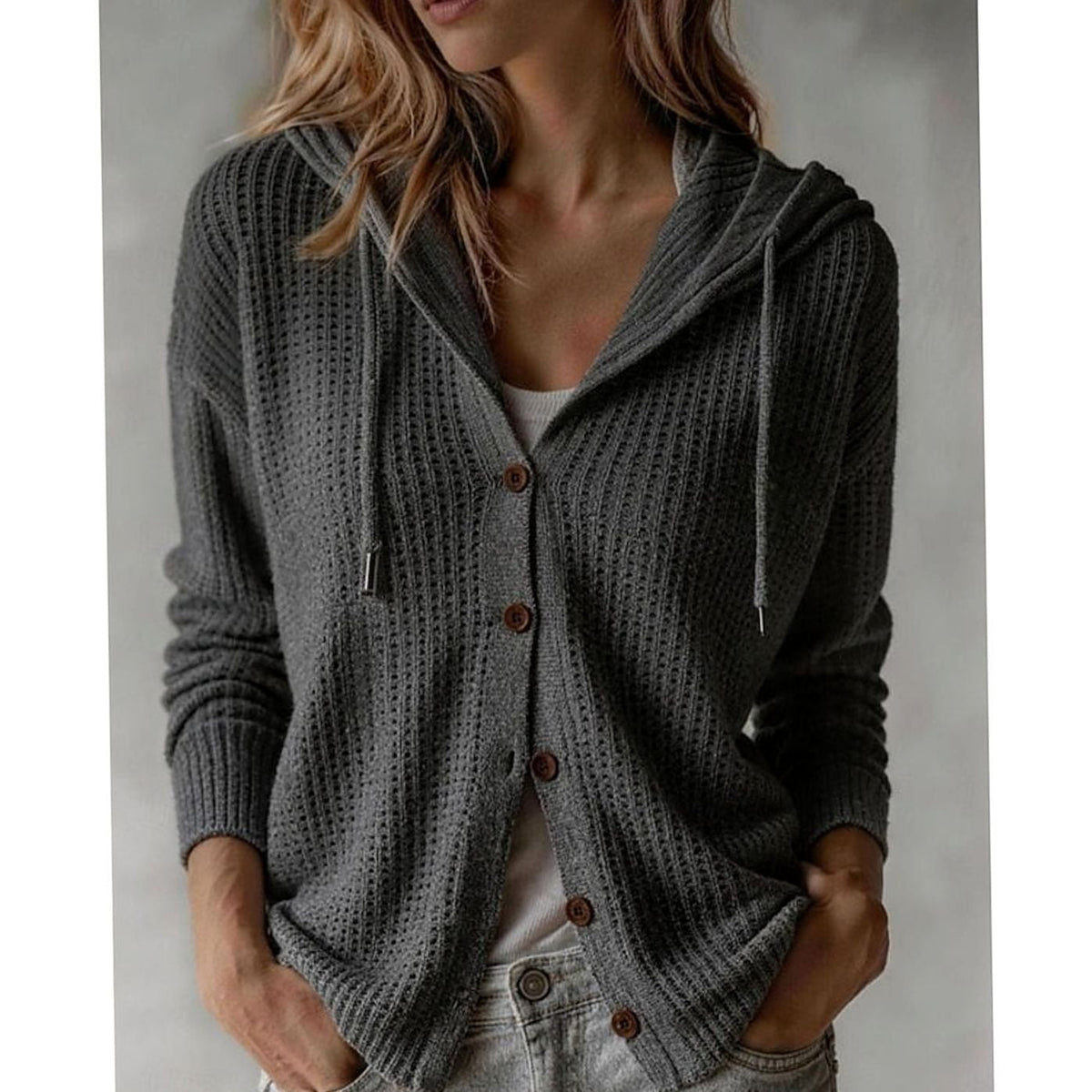 Women's Hooded Button-Front Waffle-Knit Cardigan