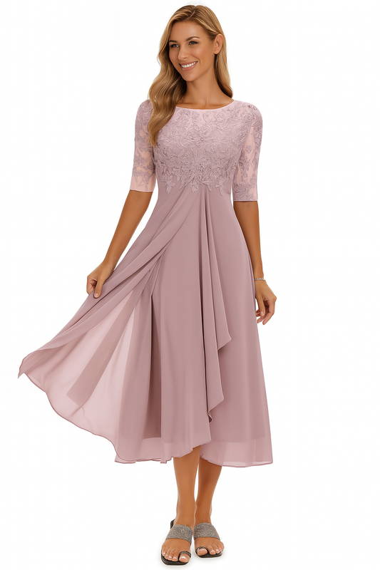 Women's Lace Chiffon Fit-and-Flare Midi Dress