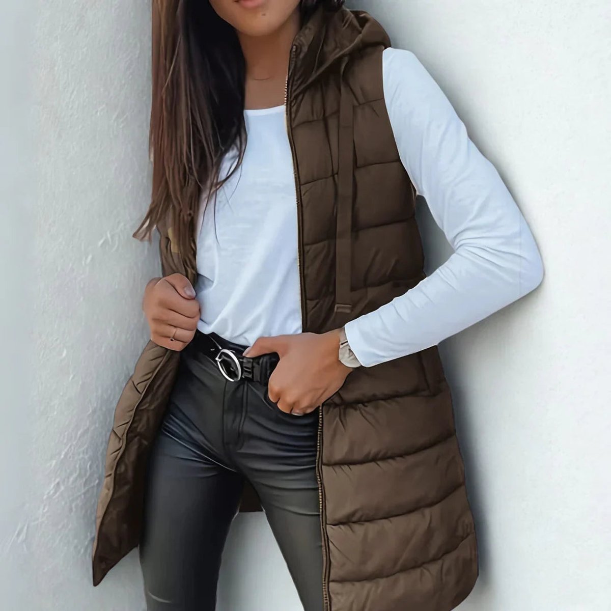 Women's Long Hooded Sleeveless Lightweight Puffer Vest Layering Gilet