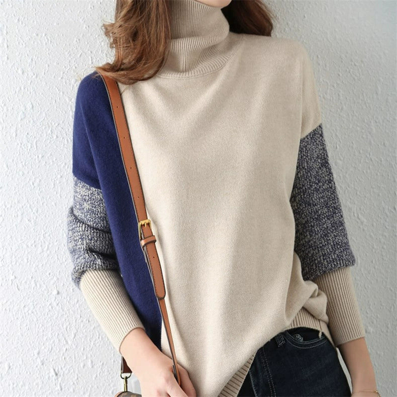 Women's Loose-Fit Wool-Blend Turtleneck Sweater with Ribbed Cuffs and Hem