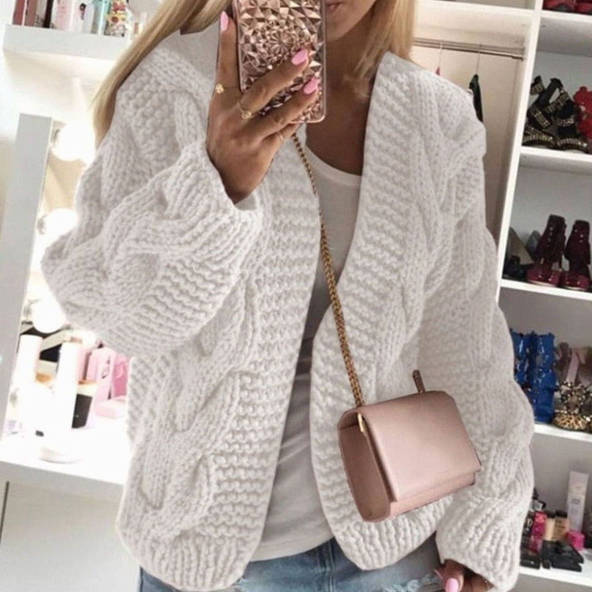 Women's Oversized Cable Knit Open-Front Chunky Cardigan