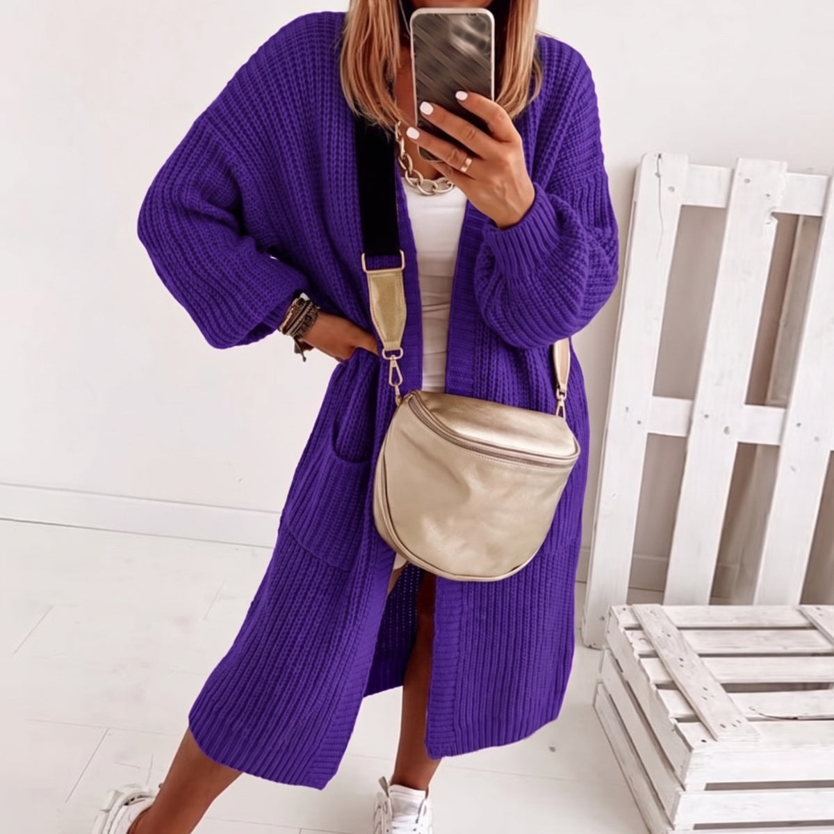 Women's Oversized Open Front Cardigan with Balloon Sleeves