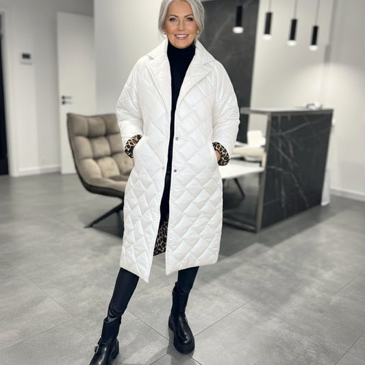Women's Quilted Reversible Midi Puffer Coat with Leopard Print Lining