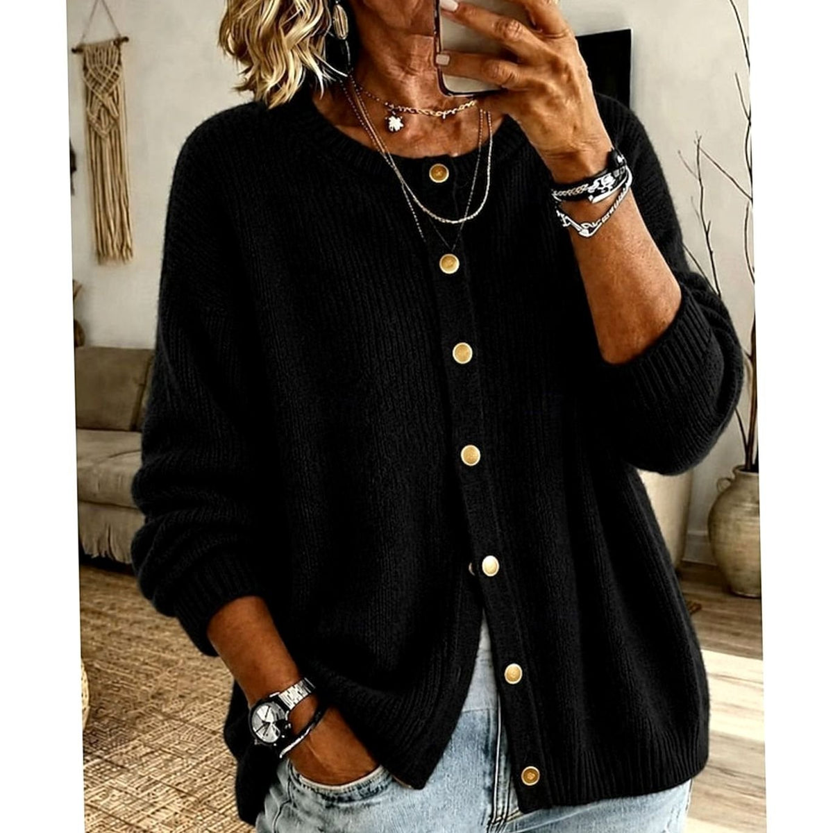 Women's Relaxed-Fit Button-Front Crew Neck Knit Cardigan