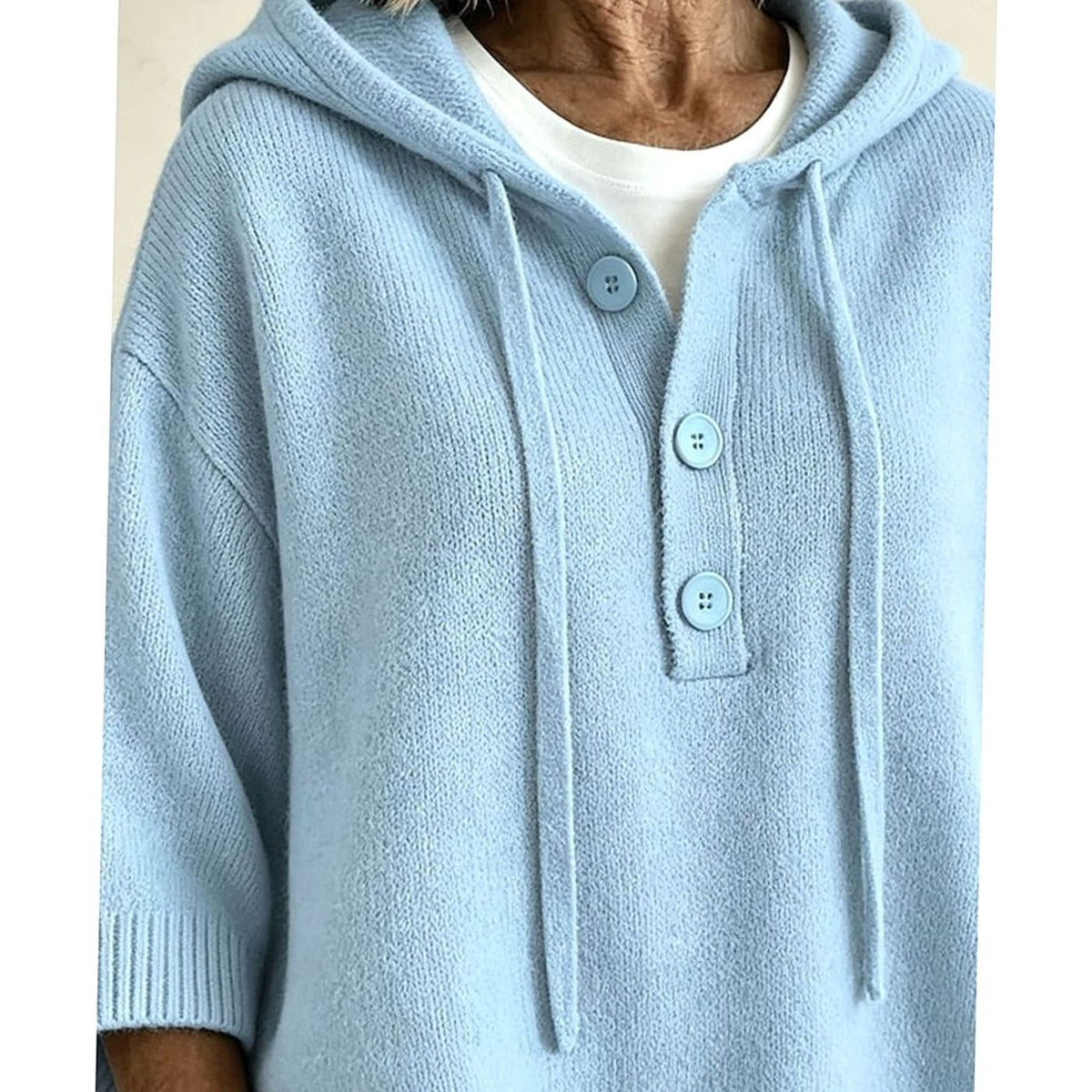 Women's Relaxed Half-Button Hooded Knit Sweater with 3/4 Sleeves