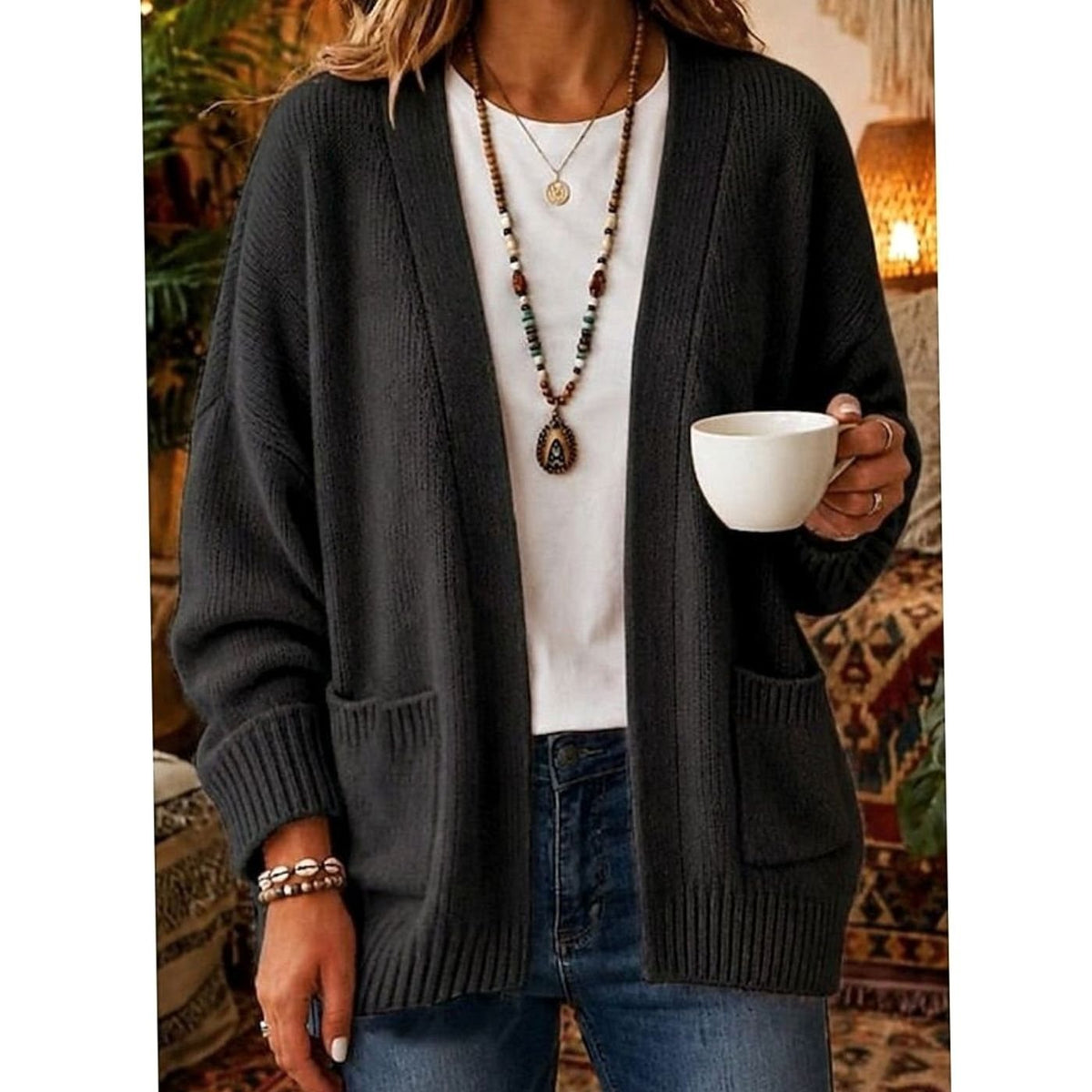 Women's Relaxed Open-Front Knit Cardigan Sweater with Pockets