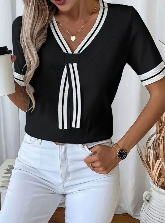 Women's V-Neck Contrast-Trim Tie-Front Short-Sleeve Sweater