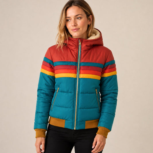 Women's Waterproof Hooded Puffer Jacket with Retro Stripe Color-Blocking