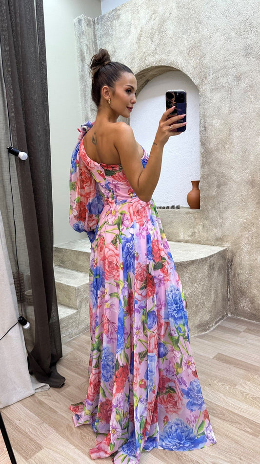 Image of Women's Floral One Shoulder Evening Maxi Dress