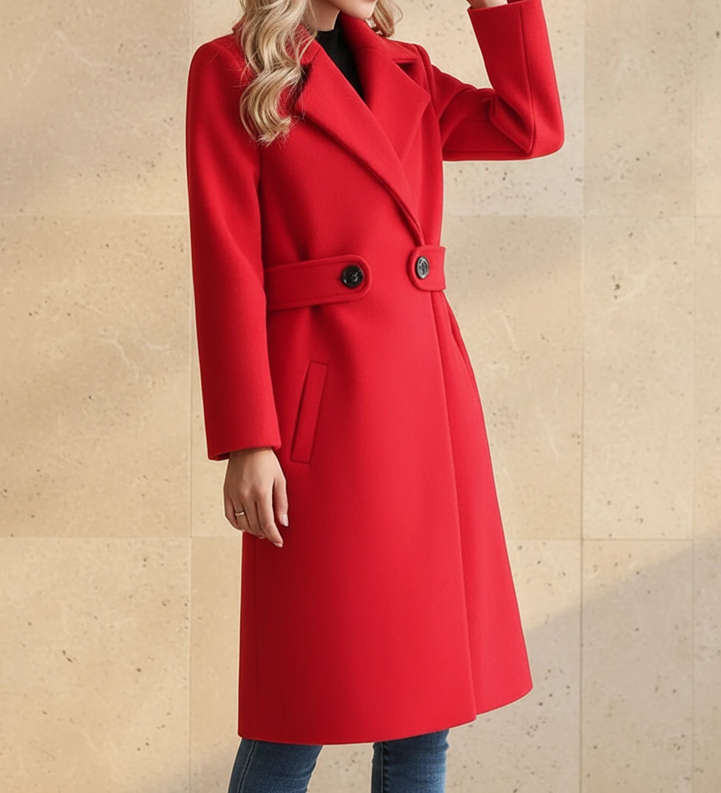 Women's Tailored Belted Coat with Wide Lapel