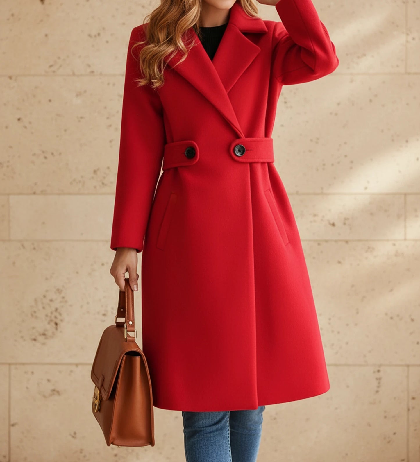 Women's Tailored Belted Coat with Wide Lapel
