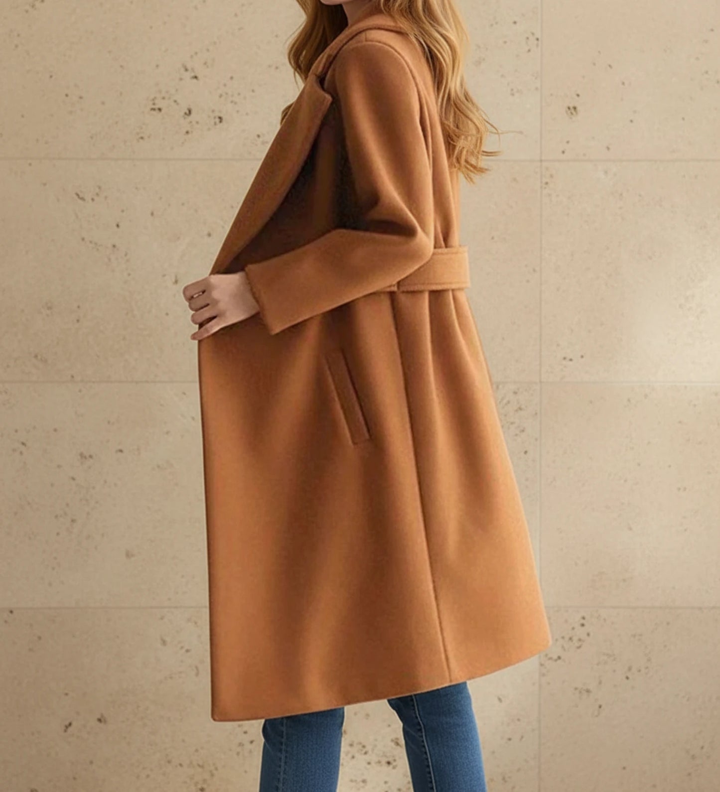 Women's Tailored Belted Coat with Wide Lapel