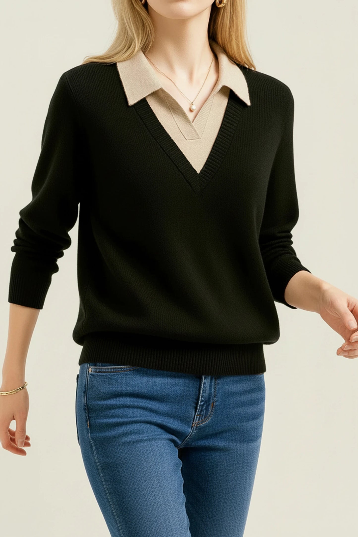 Women's V-Neck Collared Sweater