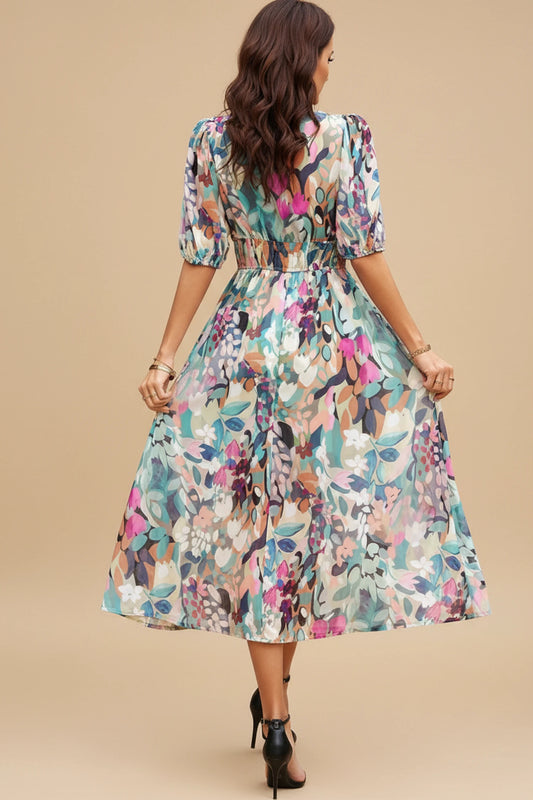 Women's Floral V-Neck A-Line Midi Dress