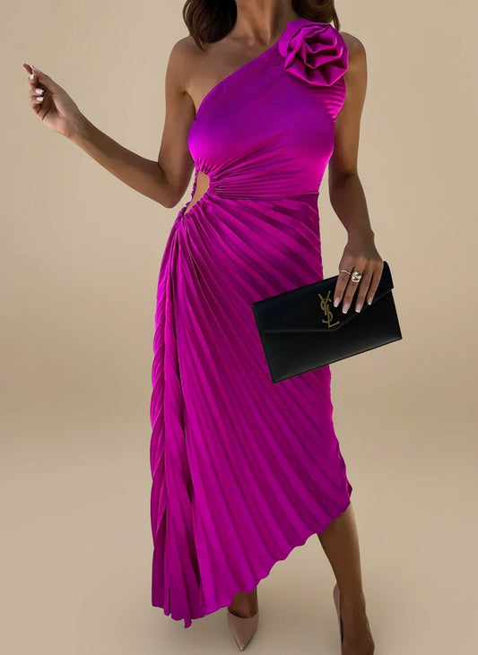 Elegant One Shoulder Pleated Satin Midi Dress