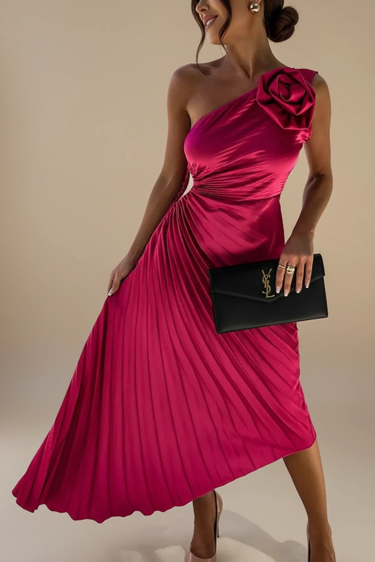 Elegant One Shoulder Pleated Satin Midi Dress