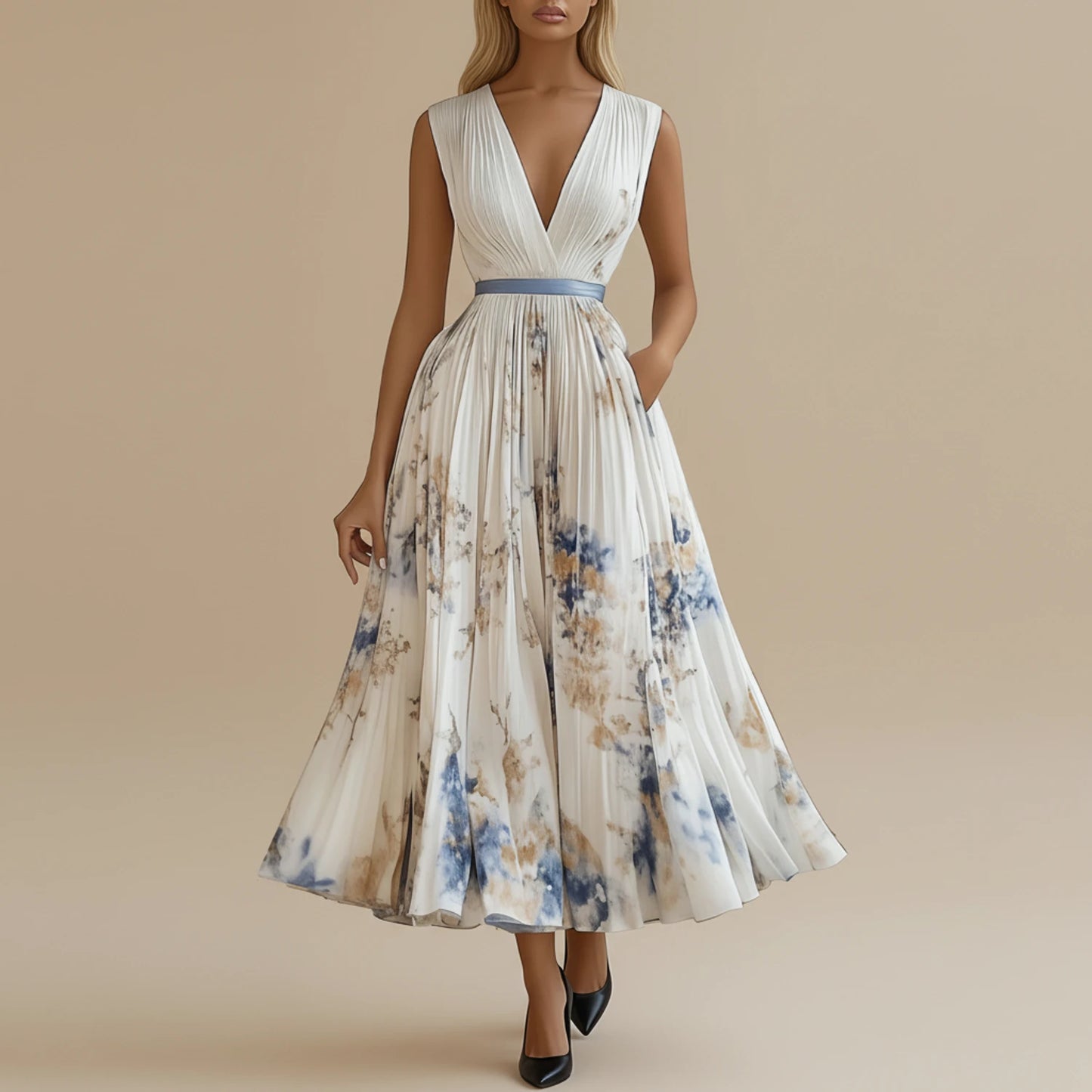 Elegant Floral Pleated A Line Midi Dress