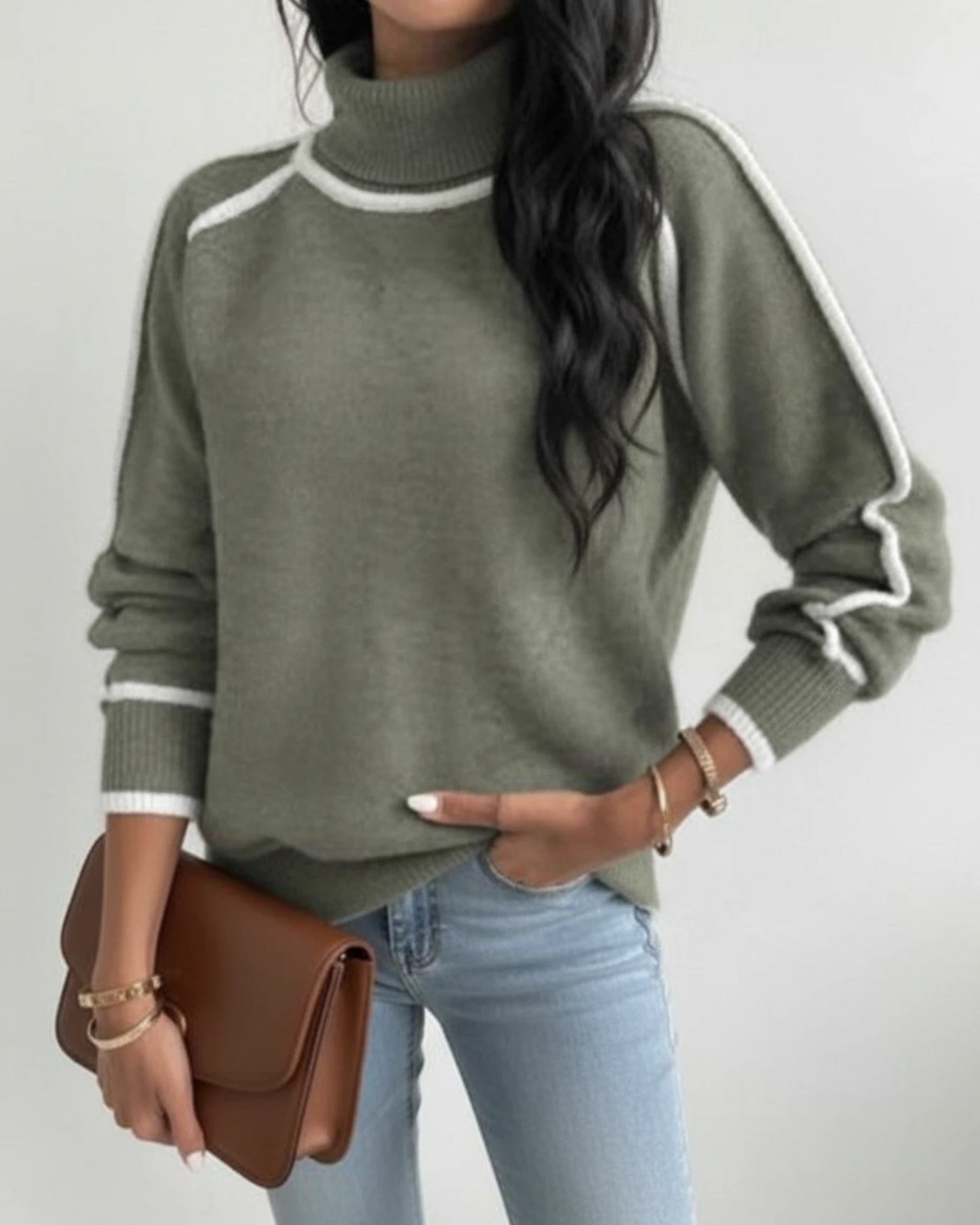Women's Contrast Trim Turtleneck Knit Sweater
