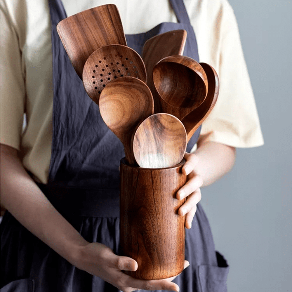10-Piece Non-Scratch Natural Teak Kitchen Utensil Set