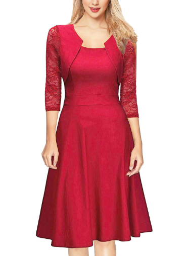 Image of Women's 3/4 Sleeve Lace A-Line Midi Dress