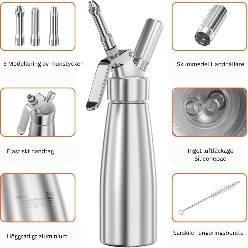 500ml Aluminum Whipped Cream Dispenser with Three Nozzles and Siphon Mechanism
