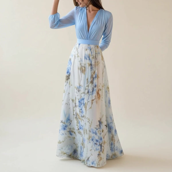 floral formal dress with sleeves Berylove Women Floral Yellow Maxi Dress with Slit A Line V Neck Bell Sleeve Wedding Guest Dress, Yellow / XL