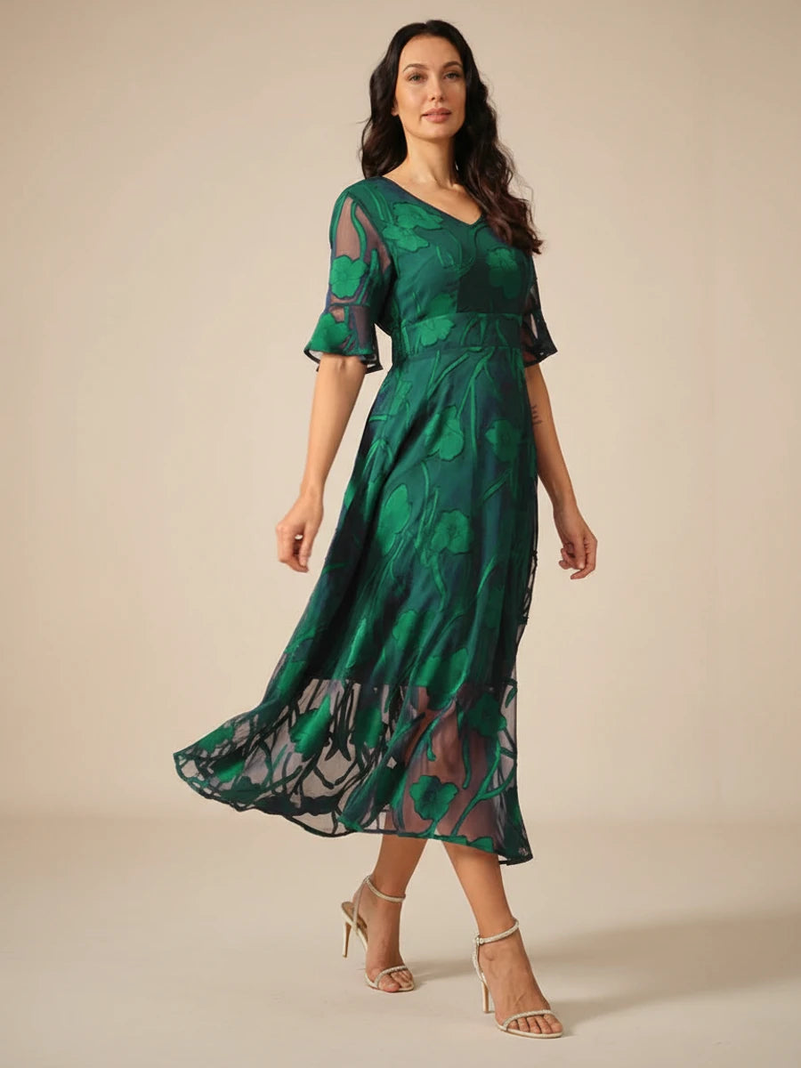 Women's Floral V-Neck A-Line Midi Dress