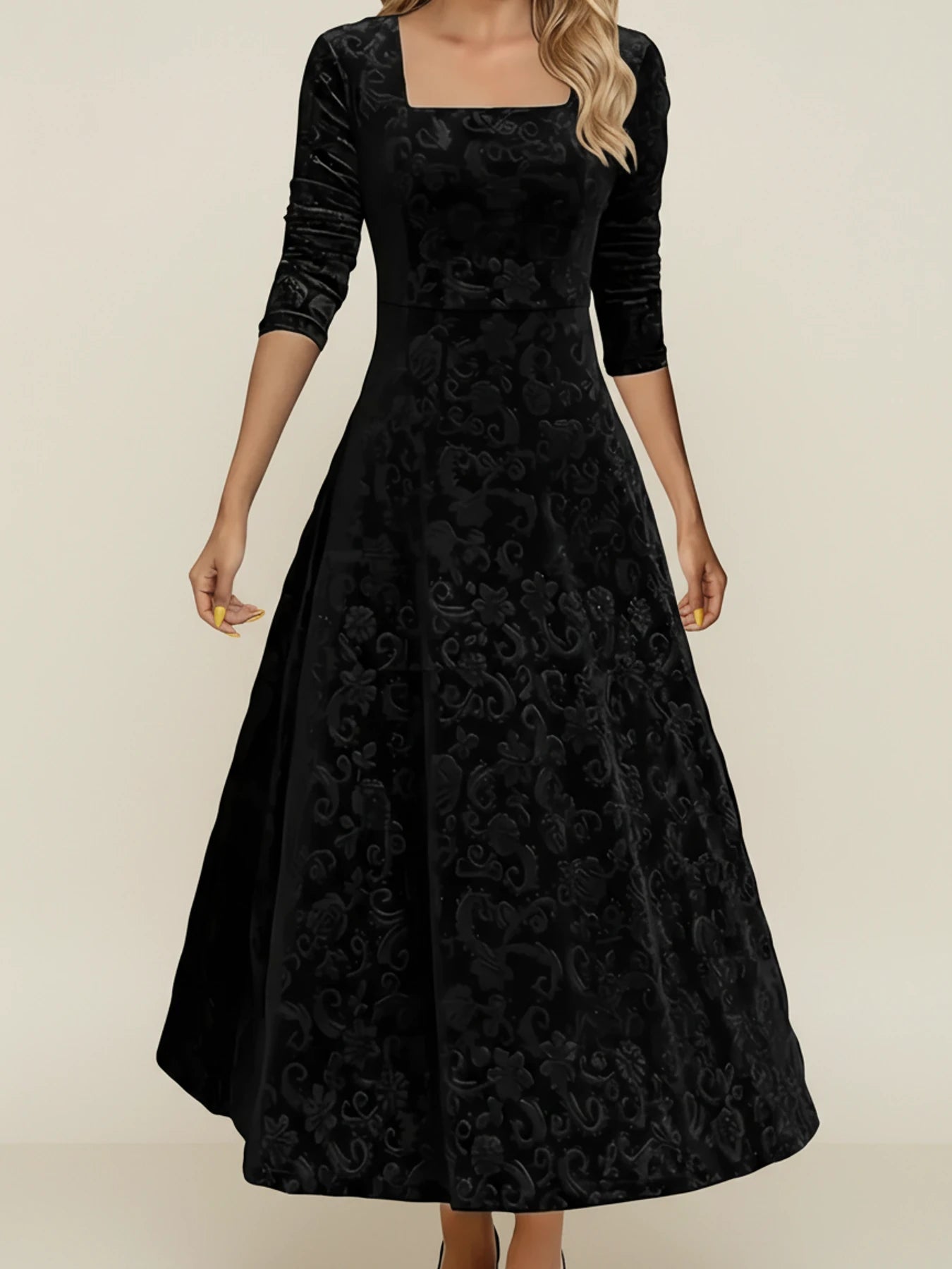 Elegant Velvet Square Neck Long Sleeve Midi Dress