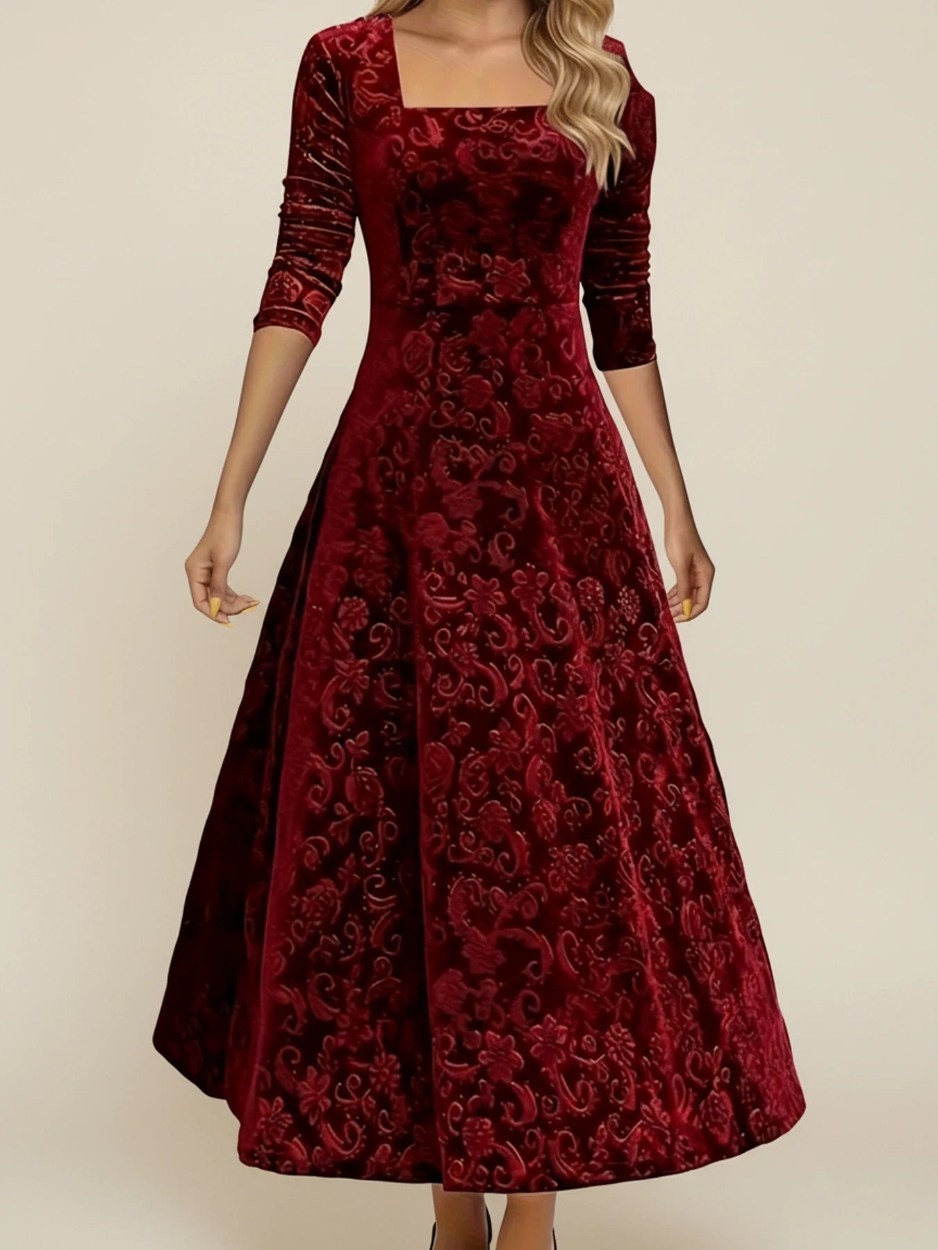Elegant Velvet Square Neck Long Sleeve Midi Dress