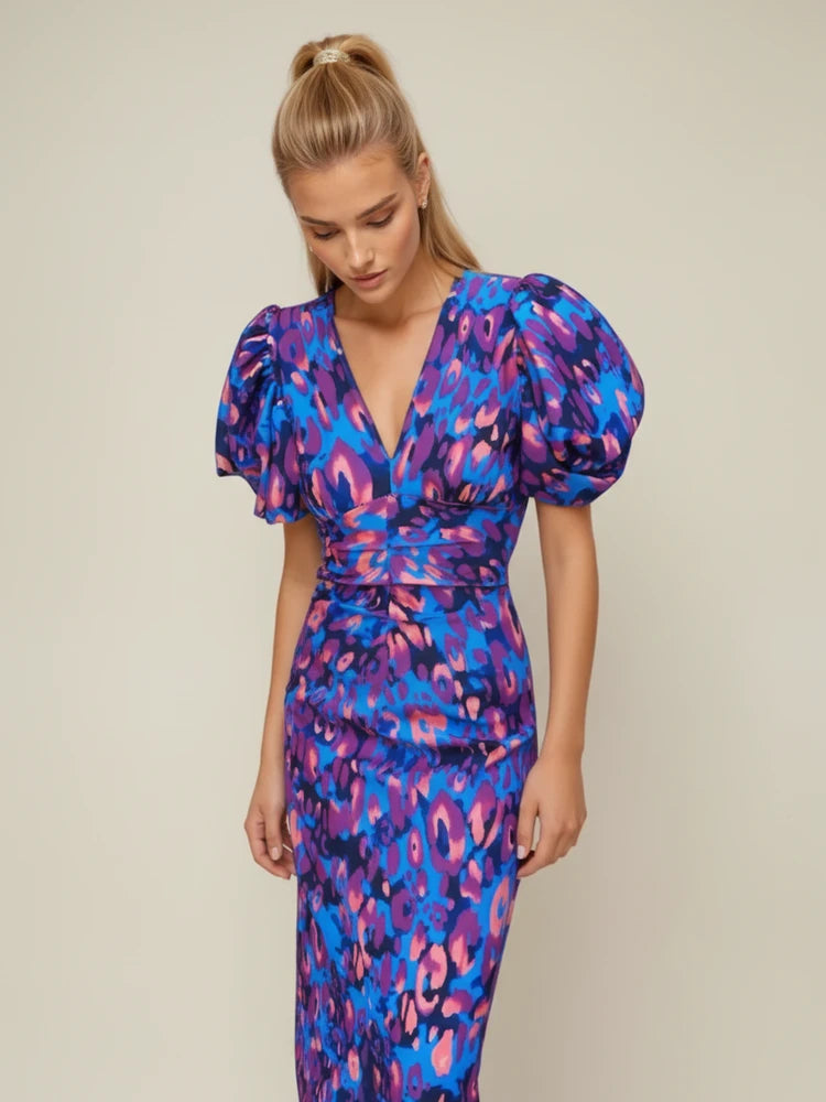 Women's Puff Sleeve V-Neck Midi Dress