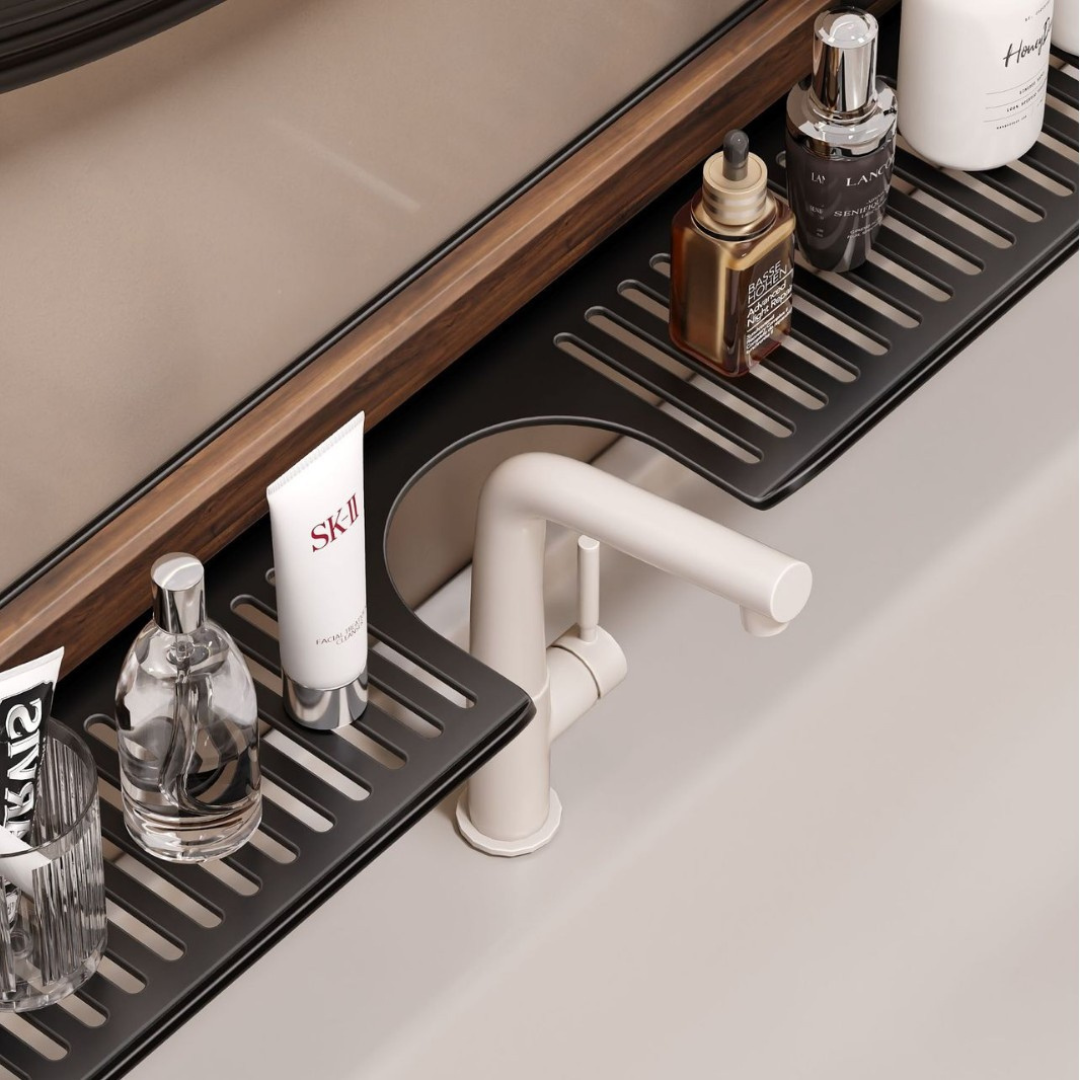 Bathroom Suction Cup Sink Shelf in Walnut Design